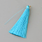 Nylon Thread Tassel Big Pendants Decoration, with Brass Findings, Golden, Deep Sky Blue, 63~66x7mm, Hole: 7mm