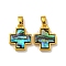 Rack Plating Brass Natural Paua Shell Pendants, Cross, Golden, 15.5x12.5x3mm, Hole: 5X2.5mm