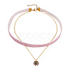 Glass Beaded Flower Pendant Single Face Medium Orchid Velvet Ribbon & Brass Cable Chain Double Layered Choker Necklaces NJEW-TAC0041-1
