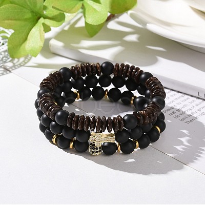 3Pcs Natural Dyed & Heated Black Agate and Coconut Beads Stretch Bracelets Set BJEW-JB08933-1