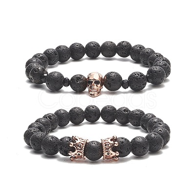 2Pcs 2 Style Natural Lava Rock & Brass Beaded Stretch Bracelets Set BJEW-JB09244-02-1