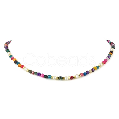 Faceted Round Natural Agate(Dyed & Heated) & Pearl & Brass Beaded Necklaces for Women NJEW-JN06617-1