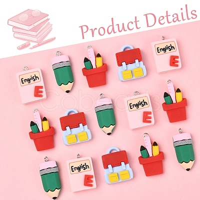 16Pcs 4 Styles Stationery Theme Resin Pendants RESI-FS0001-89-1