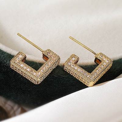 Square Box Design Brass Micro Pave Clear Cubic Zirconia Stud Earrings for Women EJEW-A110-07G-1