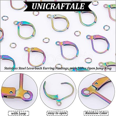 50Pcs Rainbow Color 304 Stainless Steel Leverback Earring Findings STAS-UN0038-46-1
