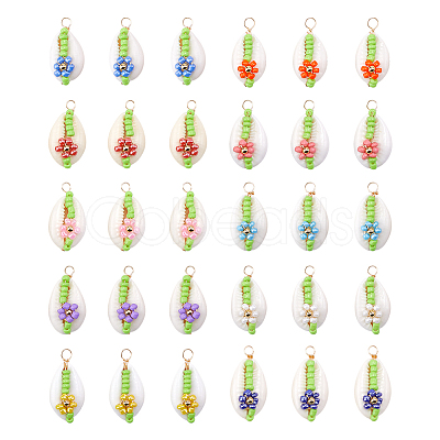 30Pcs 10 Colors Natural Cowrie Shell Pendants PALLOY-GO00047-1