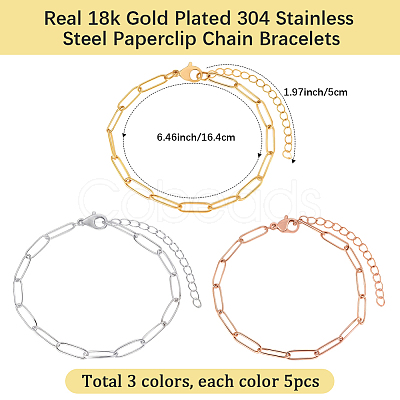 15Pcs 3 Colors 304 Stainless Steel Paperclip Chain Bracelets BJEW-BBC0001-20-1