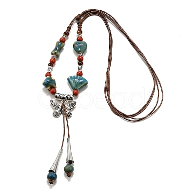 Ethnic Style Alloy & Porcelain Ceramic Beads Butterfly Pendant Tassel Y Necklaces NJEW-D308-01B-1