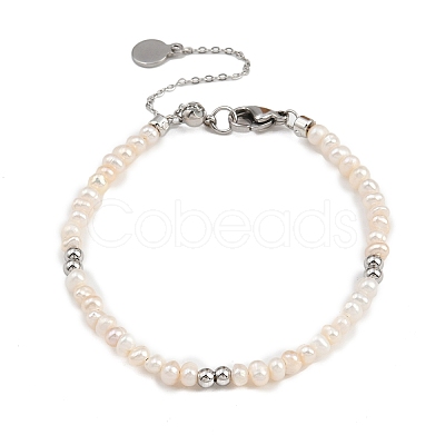 Brass & Natural Pearl Round Beaded Bracelets for Women BJEW-D366-02P-1
