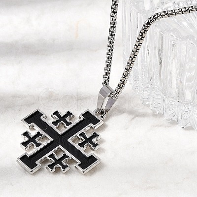 Jerusalem Cross Alloy Enamel Black Pendant 201 Stainless Steel Box Chain Necklaces NJEW-Z109-01P-1