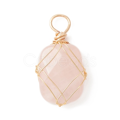 Natural Rose Quartz Copper Wire Wrapped Pendants PALLOY-JF02131-03-1