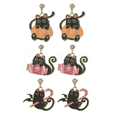 Halloween Theme Alloy Enamel Cat Dangle Stud Earrings with Brass Pins EJEW-JE05308-1