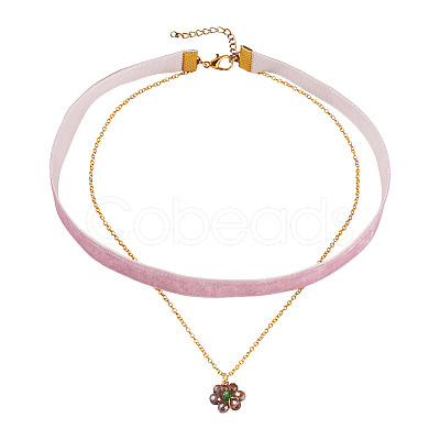 Glass Beaded Flower Pendant Single Face Medium Orchid Velvet Ribbon & Brass Cable Chain Double Layered Choker Necklaces NJEW-TAC0041-1