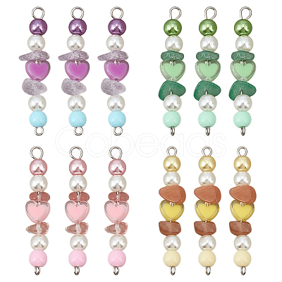 Natural Green Aventurine & Natural Sunstone & Natural Ametrine & Cherry Quartz Glass Chip & Acrylic Heart & Imitation Round Pearl Beaded Connector Charms PALLOY-GO00061-1