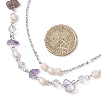 Natural Amethyst Chip & Glass & 304 Stainless Steel Handmade Link Chain Double Layer Necklaces for Women NJEW-JN05363-01-1