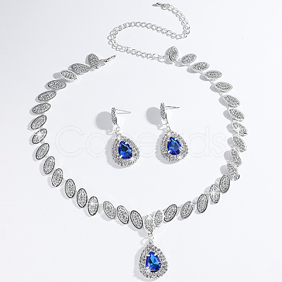Teardrop Brass Rhinestone Pendant Necklace & Stud Dangle Earrings Sets for Women FS-WG71281-05-1