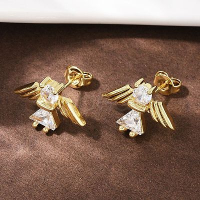 Brass Micro Pave Clear Cubic Zirconia Angel Stud Earrings EJEW-L101-03G-1
