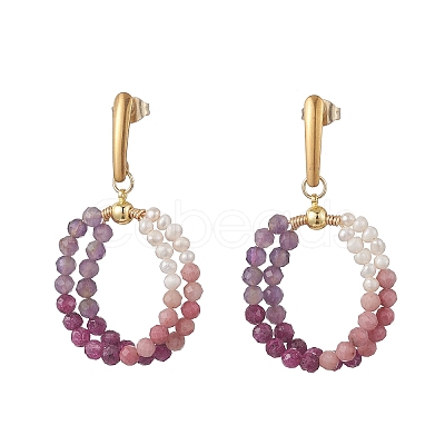 Natural Amethyst & Natural Rhodonite & Natural Ruby Faceted Round & Natural Cultured Freshwater Pearl Bead & 304 Stainless Steel Stud Dangle Earrings EJEW-JE07229-02-1