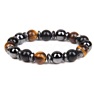 Non-magnetic Synthetic Hematite and Natural Tiger Eye Beaded Stretch Bracelets for Men PW-WG779D8-03-1