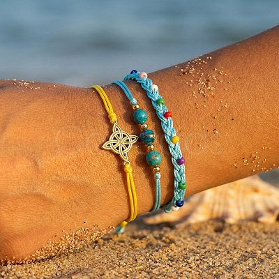 Summer Beach Style Adjustable Synthetic Green Turquoise Imperial Stone Beaded Bracelet Set UQ9789-2-1