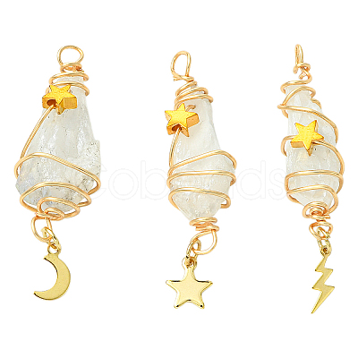 3Pcs 3 Styles Electroplated Natural Quartz Crystal Big Pendants PALLOY-YW00079-01-1