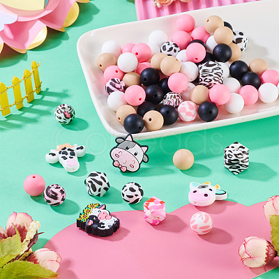 80Pcs Round & Cow Stripe Food Grade Eco-Friendly Silicone Focal Beads SIL-TA0002-68-1