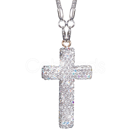 Polymer Clay Rhinestone Cross Pendant Alloy Chain Necklaces NJEW-CN0001-16B-1