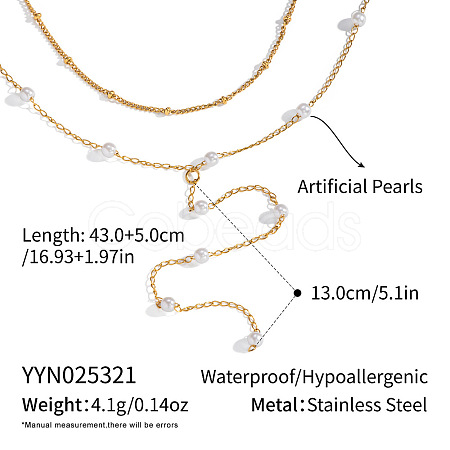 Elegant 304 Stainless Steel Y-Shape White Round Imitation Pearl Tassel Double Layer Necklaces for Women OT4111-6-1