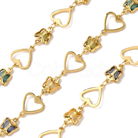 Brass Heart with Butterfly Link Chains with Glass KK-D422-12G-1