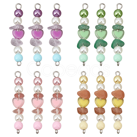 Natural Green Aventurine & Natural Sunstone & Natural Ametrine & Cherry Quartz Glass Chip & Acrylic Heart & Imitation Round Pearl Beaded Connector Charms PALLOY-GO00061-1