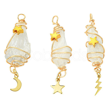 3Pcs 3 Styles Electroplated Natural Quartz Crystal Big Pendants PALLOY-YW00079-01-1
