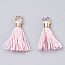 Polycotton(Polyester Cotton) Tassel Pendant Decorations, Mini Tassel, with Brass Findings, Light Gold, Pearl Pink, 10~15x3~4mm, Hole: 2mm