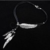 Feather Alloy Crystal Rhinestone Pendant Multi-Strand Black Wax Cord Lariat Necklaces for Women FS-WGEEE72-02-1