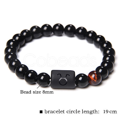 12 Constellations Protetion Tiger Eye & Black Obsidian Round Beads Stretch Bracelets for Men Women WG083ED-04-1