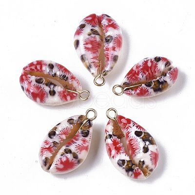 Printed Natural Cowrie Shell Pendants SSHEL-R047-02-B04-1