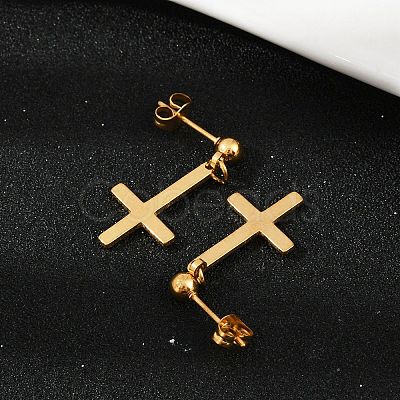Christian Upside Down Cross 201 Stainless Steel Dangle Stud Earrings LS-EJEW-P314-01A-G-1