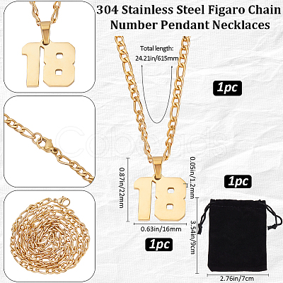 1Pc 304 Stainless Steel Figaro Chain Number Pendant Necklaces NJEW-BBC0001-28B-G-1
