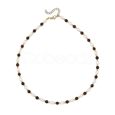 Natural Cultured Freshwater Pearl Rice and Natural Blood Amber Round Beaded Necklaces for Women NJEW-JN06427-1