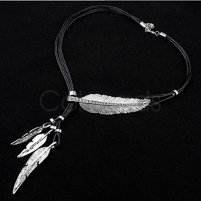 Feather Alloy Crystal Rhinestone Pendant Multi-Strand Black Wax Cord Lariat Necklaces for Women FS-WGEEE72-02-1