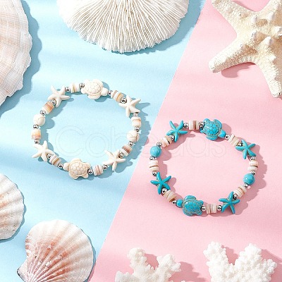 2Pcs Starfish & Turtle Natural Freshwater Shell Beads Stretch Bracelets for Women BJEW-JB11922-1