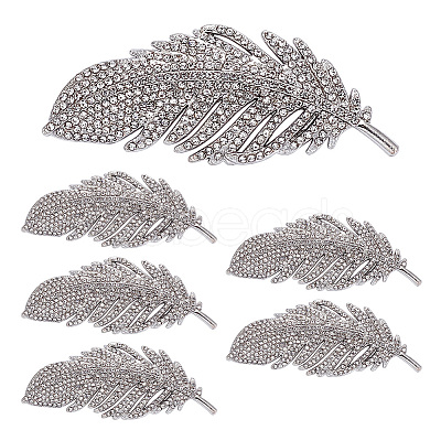 6Pcs Feather Shape Brass Rhinestone Lapel Pins for Backpack Clothes JEWB-UN0002-71A-1