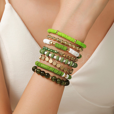 8Pcs Polymer Clay Heishi & CCB Plastic & Glass Beaded Stretch Bracelets Set For Women FS-WGAEA5C-04-1
