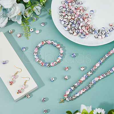 210Pcs 6 Styles Floral Printed Porcelain Beads PORC-DC0001-15-1