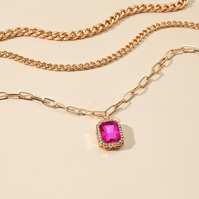 3Pcs Elegant Alloy Fuchsia Rhinestone Rectangle Pendant 3 Layer Necklaces Sets QV2693-1-1