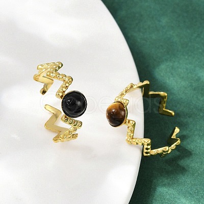 316 Stainless Steel with Natural Mixed Gemstone Cuff Rings RJEW-Z098-01G-03-1