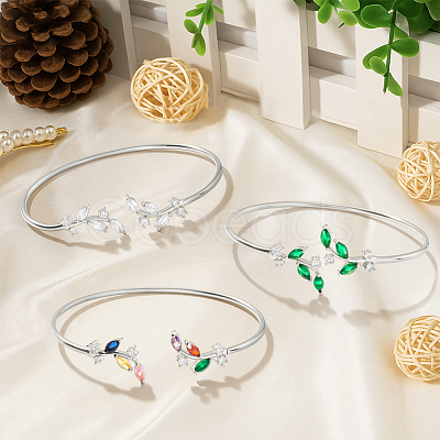 3Pcs 3 Colors Elegant Brass Cubic Zirconia Leaf Cuff Bangles for Women BJEW-GO0003-01P-1