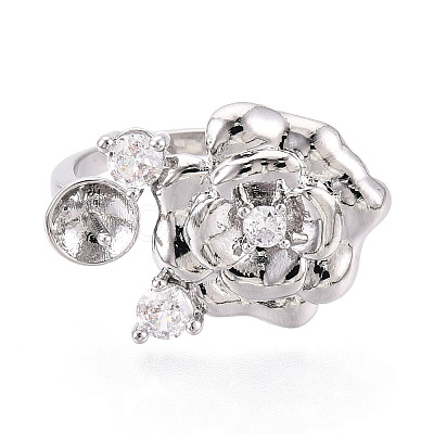 Flower Brass Micro Pave Clear Cubic Zirconia Cuff Ring Settings KK-T076-71P-1