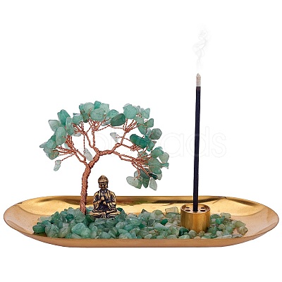 Natural Green Aventurine Chips with Brass Incense Burner Holder DJEW-G027-19RG-04-1