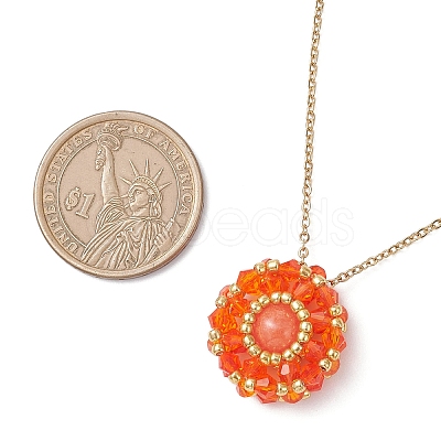Dyed Natural Mashan Jade & Glass Seed Beaded Flat Round Pendant 304 Stainless Steel Cable Chain Necklaces NJEW-MZ00129-04-1