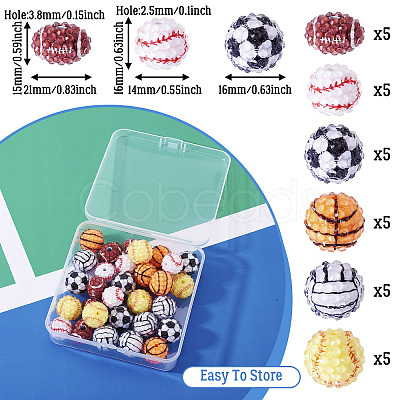 30Pcs 6 Styles Sport Theme Resin Rhinestone Beads RESI-TA0003-97-1